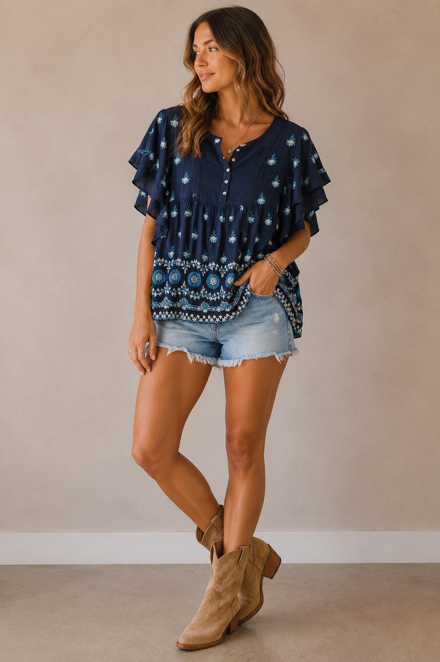 Sundance Blue Floral Embroidered Boho Ruffled Sleeve Blouse Womens M Festival